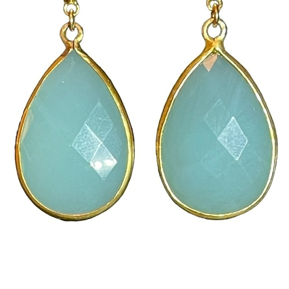 10K Gold Plated Stained Oval Shell Drop Earrings With Sage Glass Teardrop Dangle - Picture 5 of 9